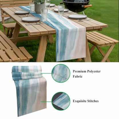 Ombre Coastal Table Runner 36 Inches Long,Summer Ocean Beach Beige Cotton Linen Table Runners Dresser Scarves,Gradient Blue Waves Fabric Tabletop Scarf Furniture Cover for Home Dinner Party 13"x36" - color: Light Blue Green Beige, size: 13x36 Inches