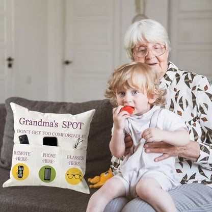 ONFAON Grandma Gifts, Grandma's Spot Throw Pillow Covers 18x18 Inch,Put Phone Glasses and Remote Control Pillowcase,Birthday Christmas Thanksgiving Day Gifts for Grandma Mom,3-Pocket - color: Grandma 3-pocket