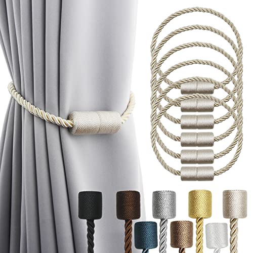 6 Pack Beige Strong Magnetic Curtain Tiebacks Outdoor Elegant Decorative Tie Backs Modern Rope Tiebacks for Drapes Window Curtain Holdbacks for Draperies - color: Beige