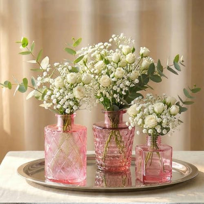 Set of 15 Pink Glass Bud Vases Small Textured Flower Vases - color: Pink