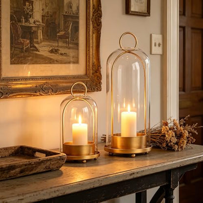 5"&4" Hurricane Glass Candle Holder Set - Hanging Pillar Candle Lantern with Glass Chimney, Metal Frame for Wedding Centerpieces Dining Table Mantel Holiday Home Decor