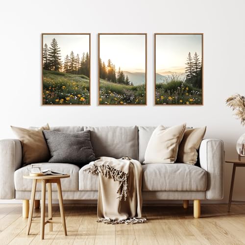FWIEXA Green Forest Mountain Framed Canvas Wall Art Set, Wildflower Meadow Wall Decor, Floral Pictures Artwork, Nature Sunset Landscape Art Prints for Living Room, Bedroom, Office - Size 24"x36"x3 - color: Meadow Forest, size: 24"L x 36"W