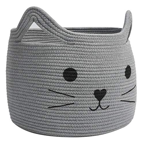 Large Woven Rope Cat Toy Basket with Cat Face Design, Grey - color: Gray, size: 15.7"W x 11.8"H