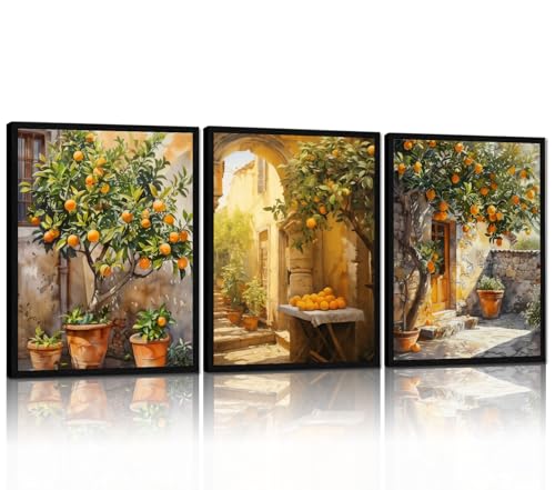 Orange Tree Framed Wall Art, 3 Piece Mediterranean Set, 12x16 Inch - color: Kumquat, size: 12x16 inch