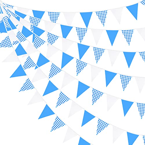 32Ft Blue Party Decorations Blue Buffalo Plaid Checkered White Triangle Flag Gingham Pennant Bunting Fabric Garland for Picnic Racing Car BBQ Birthday Wedding Carnival Party Outdoor Home Garden Decor - color: Blue Checkered