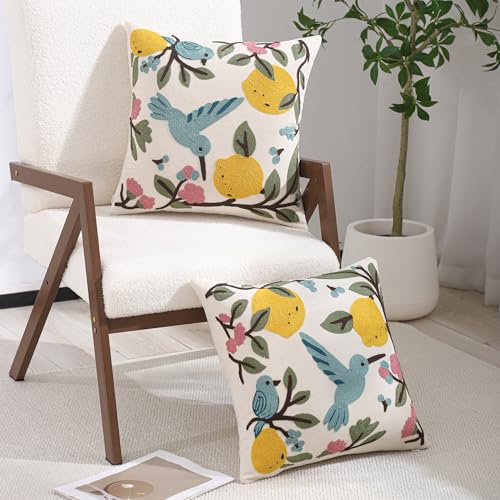 Embroidered Throw Pillow Covers 18x18 Pack of 2 Bird Lemon - color: Birds&lemons