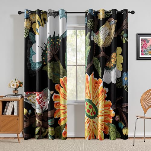 MYSKY HOME Black Boho Floral Blackout Curtains 84 inch Length 2 Panels Set for Living Room Thermal Insulated Black Out Energy Saving with Bird Patterned Grommet Drape for Dining Room, 52" x 84" - color: Z-boho Floral and Bird, size: 52"W x 84"L (Pack of 2