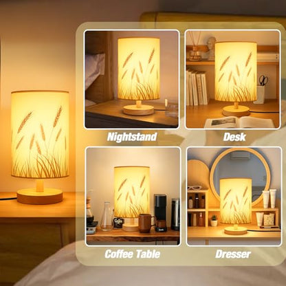 Desk Lamp LED Bulb Included, Small Bedside Table Lamp Plug-in - Classic Wood Base with Flaxen Fabric Shade, Lamps for Night Stands, Simple Nightstand Light for Bedroom, Office, Desk - color: Wheat Ear