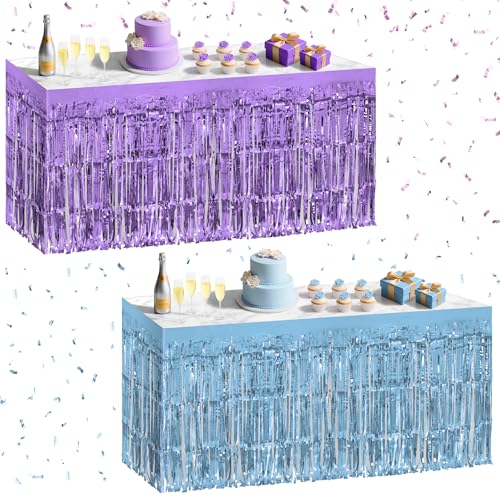 2 Pack Light Blue Light Purple Table Skirts, 29x108" Metallic Foil Tinsel Fringe Table Skirt for Rectangle Tables Streamer Curtains Backdrop, Party Decorations for Birthdays, Weddings, Holidays - color: Light Blue Light Purple