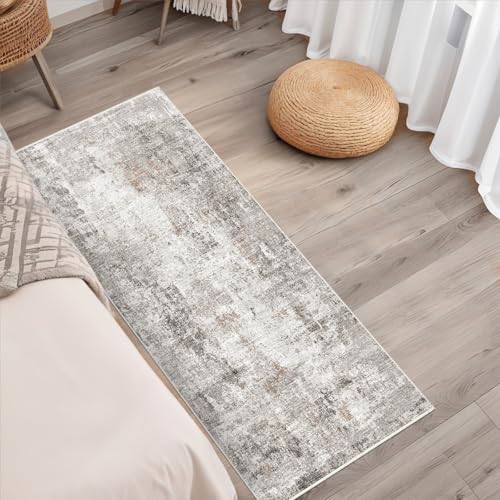 2x5 Rug Runner Non-Slip Washable – Modern Neutral Abstract Small Rug for Hallway, Kitchen, Bathroom, Bedroom, Entryway, Laundry Room – Thin Soft Low-Pile Rubber Backing (Beige/Grey) - color: Beige/Grey/Brown, size: 2' x 5' (Rectangular)