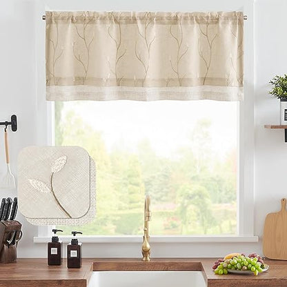 jinchan Linen Kitchen Valance Sheer Leaf Embroidered 18 Inch 1 Panel Beige - color: Leaf | Beige