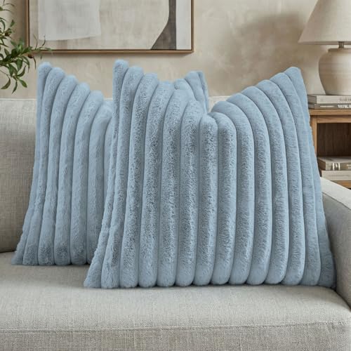 FUTEI Pack of 2 Faux Fur Throw Pillow Covers 22x22 Inch, Dusty Blue - color: Dusty Blue, size: 22" x 22" (Pack of 2)
