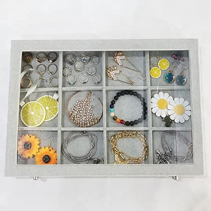 Removable 12 Grids Bracelet Organizer Box Ice Velvet Clear Lid - color: 12 Grids
