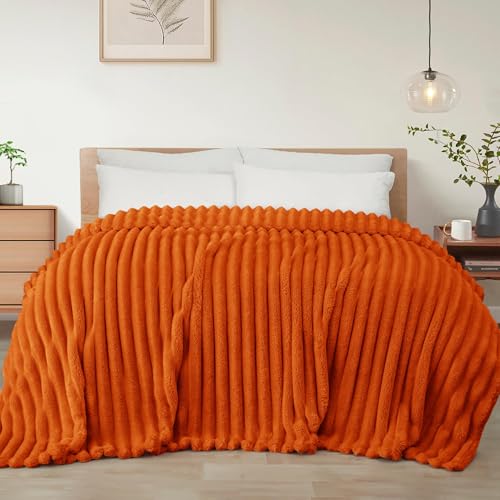 Exclusivo Mezcla Striped California King Size Fleece Blanket for Bed - color: Burnt Orange, size: Cal King ( 120x120 IN )
