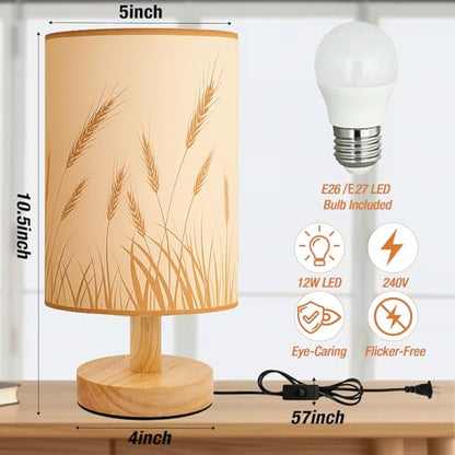 Desk Lamp LED Bulb Included, Small Bedside Table Lamp Plug-in - Classic Wood Base with Flaxen Fabric Shade, Lamps for Night Stands, Simple Nightstand Light for Bedroom, Office, Desk - color: Wheat Ear