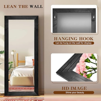 71x30in Full Length Mirror, 3-Tier Stepped Solid Wood Frame, Black - color: Black, size: 71"L x 30"W