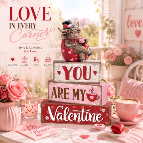 Yousoontic Valentine's Day Highlandcow Block Sign Rustic Tiered Tray Decor - style: Valentine's Day Highlandcow