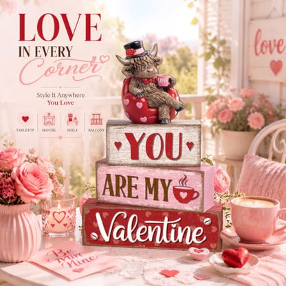 Yousoontic Valentine's Day Highlandcow Block Sign Rustic Tiered Tray Decor - style: Valentine's Day Highlandcow