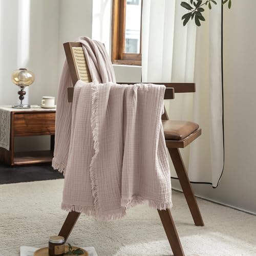 FOSSA Muslin Blanket 4-Layer 100% Cotton Gauze Blanket with Fringe 108"x98" - color: Greyish Pink, size: Super King(108" × 98")