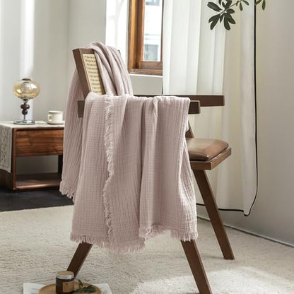 FOSSA Muslin Blanket: 4-Layer 100% Cotton Gauze Blanket with Fringe 98"x98" - color: Greyish Pink, size: Oversize Queen(98" × 98")