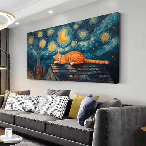 Navy Blue Starry Night Orange Cat Wall Art for Living Room Canvas Painting Prints Abstract Sleep Dream Sky Picture Vintage Artwork Office Bedroom Kids Room Decor Extra Large - color: Multi Colors Wall Art(k829), size: 58L" x 28W"