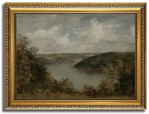 HNNXAR Gold Framed Wall Art Vintage Moody Landscape Wall Canvas Art Decor Rustic Pictures Impressionist Paintings Classic Scenery Prints Farmhouse Artwork for Bedroom Living Room - color: Lake, size: 16"L x 12"W