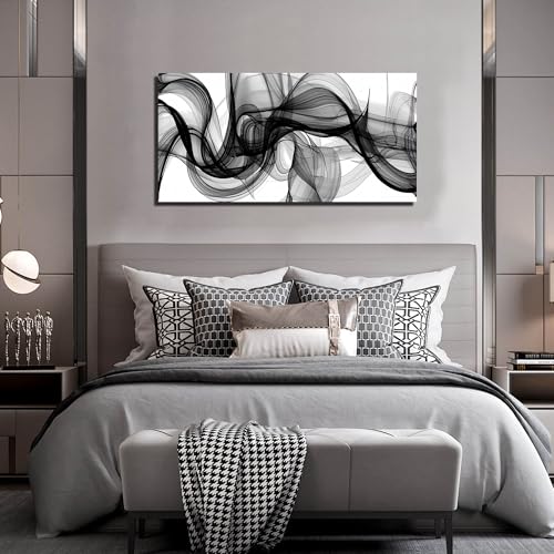 ENTANUB Abstract Wall Art for Bedroom, Black and White Canvas Wall-Decor for Living Room, Smoke Picture Print, Size 48 x 24 Inches - color: ABSTRACT-44, size: 48L" x 24W"