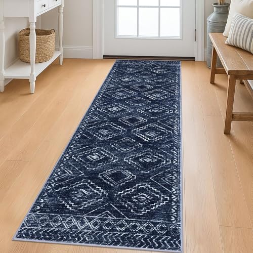 KILOCOCO Washable Runner Rug 2x6 ft Non Slip Hallway Runners, Dark Blue - color: Dark Blue, size: 2' x 6' (Runner)