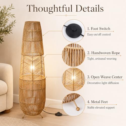 Hand Woven Rattan Floor Lamp,Boho Standing Lamps for Living Room - color: Rope