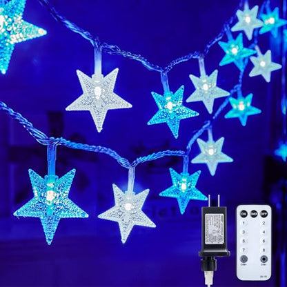 Star String Lights Plug in - 33 ft 100 LED Star Fairy String Lights with Remote and Timer, 8 Modes Waterproof for Bedroom Tent Loft Bed Window Backyard Patio Porch Balcony Staircase Party, Blue - color: Star - Blue - 33 FT