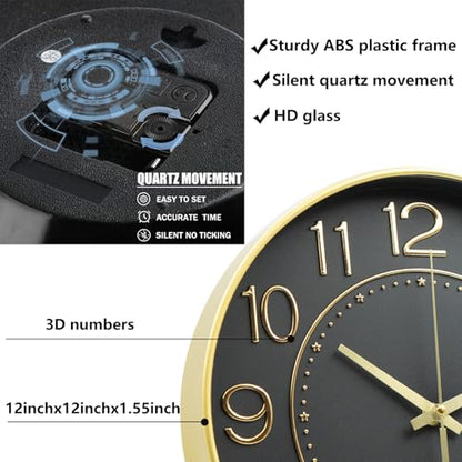 HZDHCLH 12 Inch Modern Wall Clock Battery Operated Silent Non Ticking - color: Black and Gold, size: 12 Inch