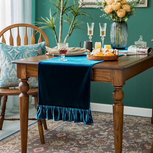 Velvet Table Runner Soft Decorative Luxurious Solid 72 Inches Long Tablecloth with Retro Ruffle Flounces Table Runner Dresser Scarves for Kitchen Dining Room Coffee Table Malachite Green,14x72 Inch - color: Malachite Green, size: 14x72 in