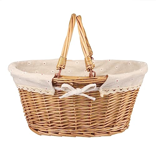 2 Pack Medium Size Oval Willow Basket with Handle, 12.6x9x4.7 Inch Wicker Picnic Basket with Liner, Empty Gift Basket, Wicker Basket for Fruit, Candy, Wine, Gathering, Wedding, Picnic, by GNIEMCKIN - size: 2 PCS medium Circular vine