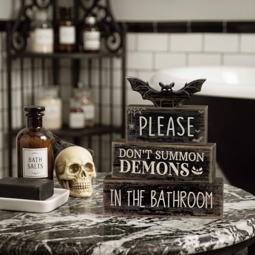 Moucuny 4 Pcs Halloween Bathroom Decoration Gothic Bat Wooden Stacked Block - style: Bat & Demon