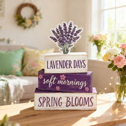 Spring Decoration Wooden Tiered Tray Decor – Rustic Lavender Days Stacked Block Sign with Lavender Flower Topper – Farmhouse Tabletop Spring Decor for Living Room Shelf Kitchen Coffee Bar Seasonal Home Display - style: Lavender