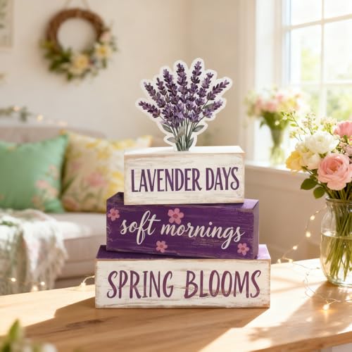 Spring Decoration Wooden Tiered Tray Decor – Rustic Lavender Days Stacked Block Sign with Lavender Flower Topper – Farmhouse Tabletop Spring Decor for Living Room Shelf Kitchen Coffee Bar Seasonal Home Display - style: Lavender