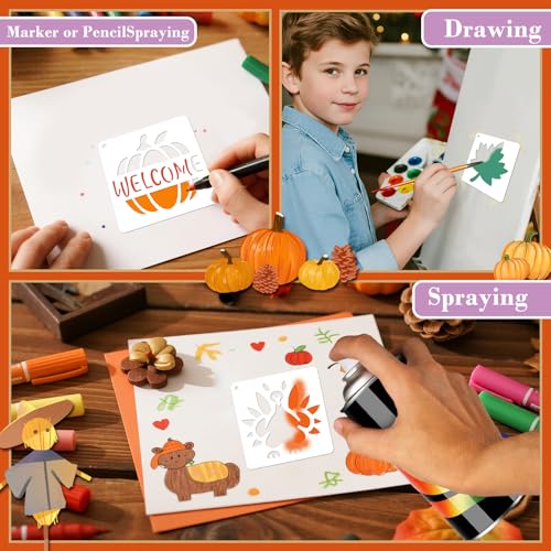 72 PCS Fall Stencils for Painting, 3x3 Inch Reusable Thanksgiving Stencils for Seasonal Home Art, Gourds Autumn Leave Turkey Thanksgiving Painting Templates on Wood, Window Door Decor DIY Decoration - style: 72PCS Thanksgiving
