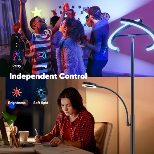 SIBRILLE Upgraded 36W RGBCW Floor Lamp with Ring Reading Lamp, Rotatable Remote Control LED Standing Lamp Dimmable Floor Light Modern Standing Light for Living Room Bedroom Home Office, Black - color: 2-in-1