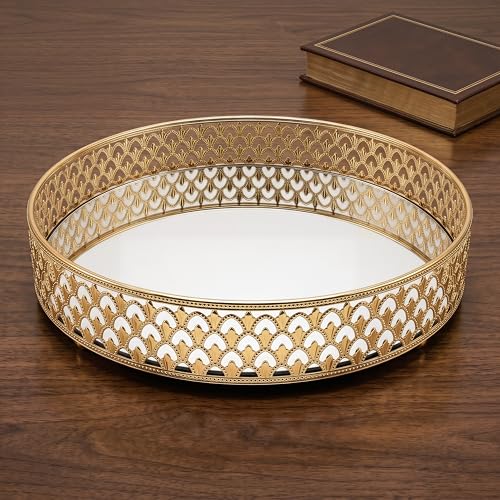 10 Inch Glass and Gold Round Tray Set of 2，Dinner Plate Perfume and Vanity Tray Decorative Mirrored Vanity Tray with Gold Metal Cutout Design, Jewelry (10 Inch Round Set of 2)