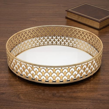 10 Inch Glass and Gold Round Tray Set of 2，Dinner Plate Perfume and Vanity Tray Decorative Mirrored Vanity Tray with Gold Metal Cutout Design, Jewelry (10 Inch Round Set of 2)