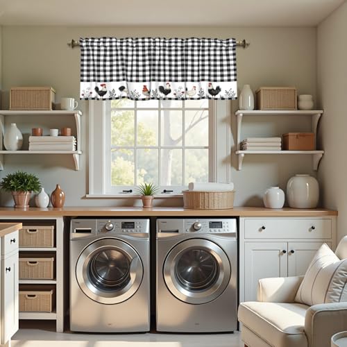 Buffalo Check Plaid Valances for Windows Farmhouse Rooster Kitchen Curtains Rustic White and Black Design Window Treatment Rod Pocket Valances for Kitchen Living Room 54 x 18 Inch, 1 Panel - color: Black and White