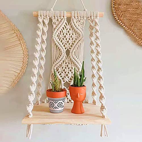 Mong Handmade Macrame Wall Hanging Shelf, Boho Indoor Rope Plant Pot Basket Hanger Holder, Rope Plant Hanger for Wall Decor Indoor Outdoor