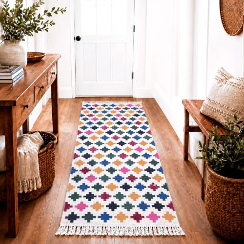 Geometric Runner Rug 2x5 Washable Boho Runner Rug with Tassels