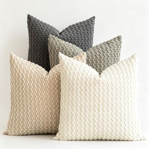 ZONYO Throw Pillow Covers 18x18 Set of 4, Soft Bubble Texture Corduroy Decorative Pillows, Fade Resistant Washable Beige Grey Cushion Covers for Couch Sofa Bed, Boho Farmhouse Living Room Decor - color: Grey Beige