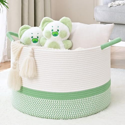 67L Large Blanket Basket, 20"x13" Blanket Basket Living Room, Woven Baskets With Handle, Toy Baskets for Blankets, Nursery, Dog, Pillow, Gift (White & Green) - color: White & Green, size: 67L