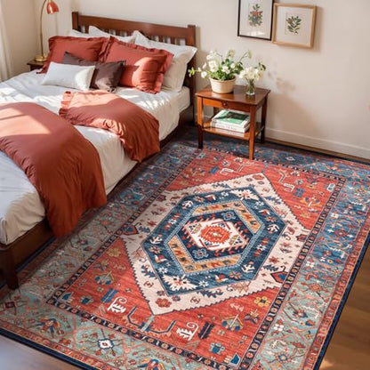 SERISSA 3x5 Washable Non Slip Boho Area Rug for Bedroom，Rust - color: Rust/Multi, size: 3' x 5' (Rectangular)