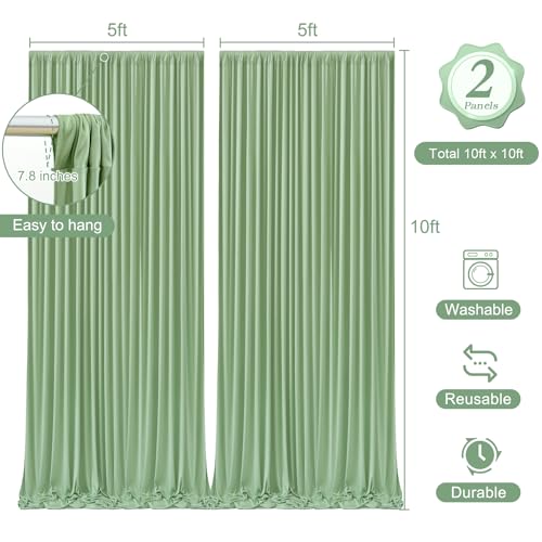 10 x 10 Sage Green Backdrop Curtain with Lights String for Party - color: Sage Green, size: W5' x H10'(2 panels)