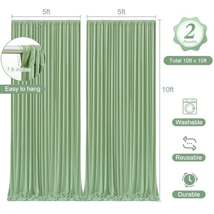 10 x 10 Sage Green Backdrop Curtain with Lights String for Party - color: Sage Green, size: W5' x H10'(2 panels)