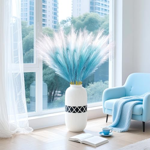 8 Pcs 35.4" Blue Gradient Faux Pampas Grass, Tall Pampas Grass Vase Filler - color: Blue, size: 35.4inch-8Pcs