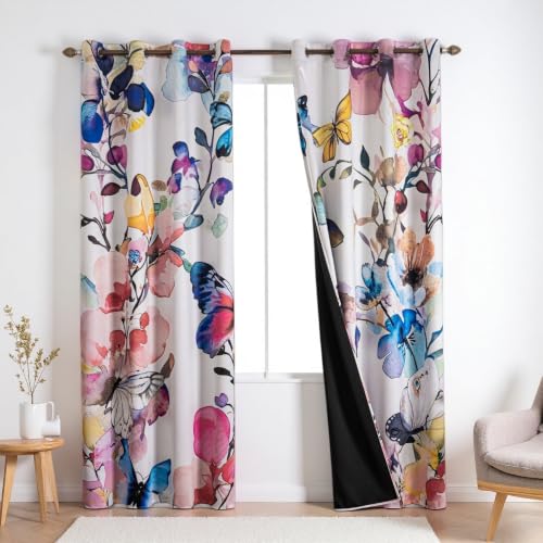 Floral Blackout Curtains 108 inch long 2 Panels Set Pink Flower and Butterfly Print Patterned Black Out Curtains Thermal Insulated Room Darkening Window Drapes for Bedroom Living Room 52x108 inch - color: Colorful, size: 52"W x 108"L (Pack of 2)